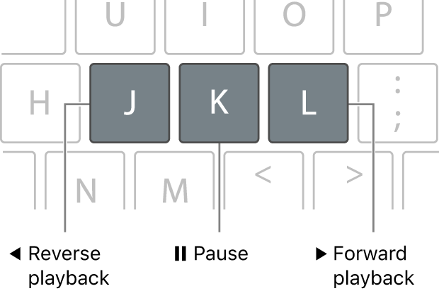 The J, K, and L keys on the keyboard. Use the J key for reverse playback, the K key to pause, and the L key for forward playback.