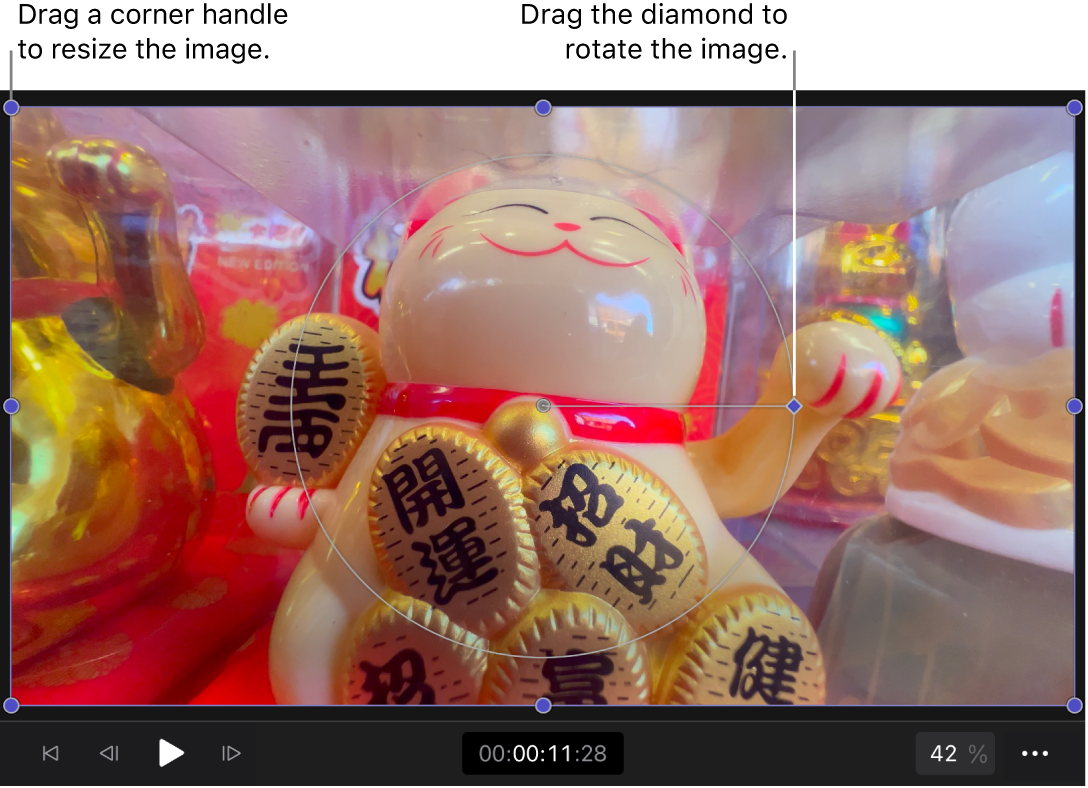 Onscreen transform controls in the viewer, including resize handles and the rotation handle.