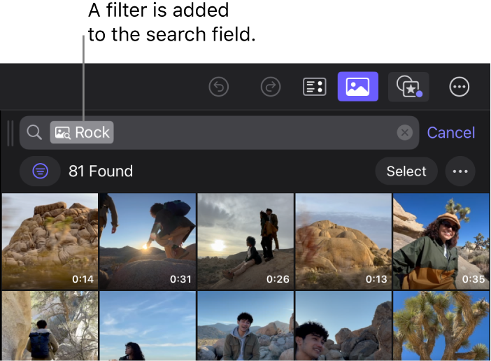 The search field with a filter for visuals matching “Rock” and the browser showing 81 clips matching the search filter.