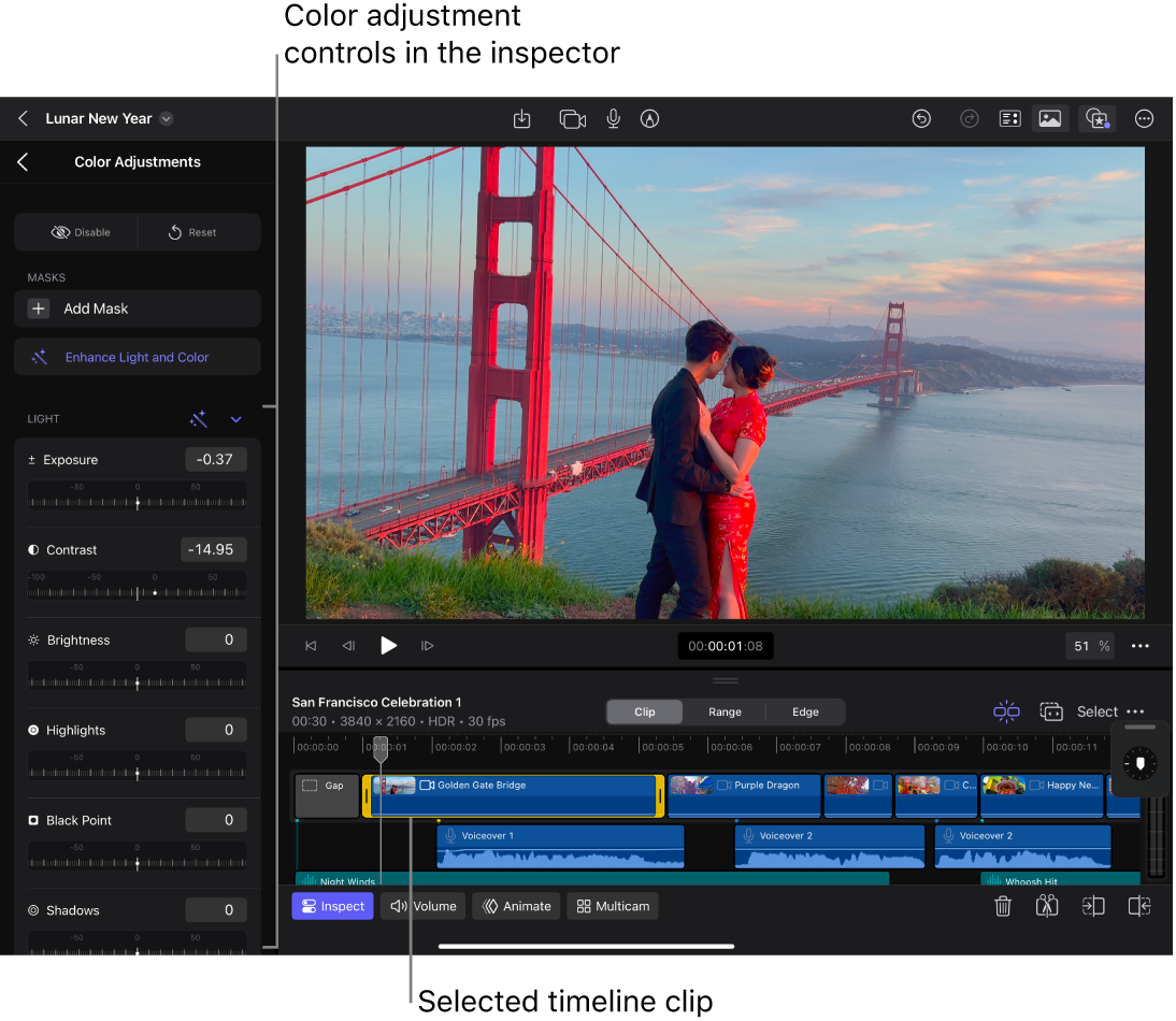 A clip selected in the timeline, and the inspector open on the left showing color adjustment controls.