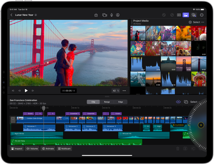 The Final Cut Pro Edit screen showing the viewer, browser, and timeline.
