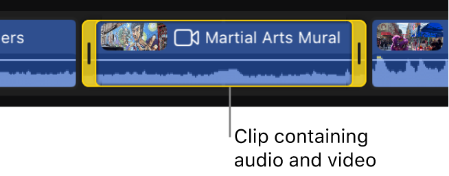 A selected timeline clip that contains both audio and video.