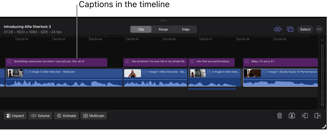 The timeline showing generated captions connected as title clips above the video clips they were transcribed from.