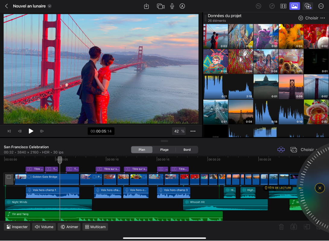 Espace de travail principal de Final Cut Pro pour iPad, avec le visualiseur et le navigateur en haut et la timeline en bas.