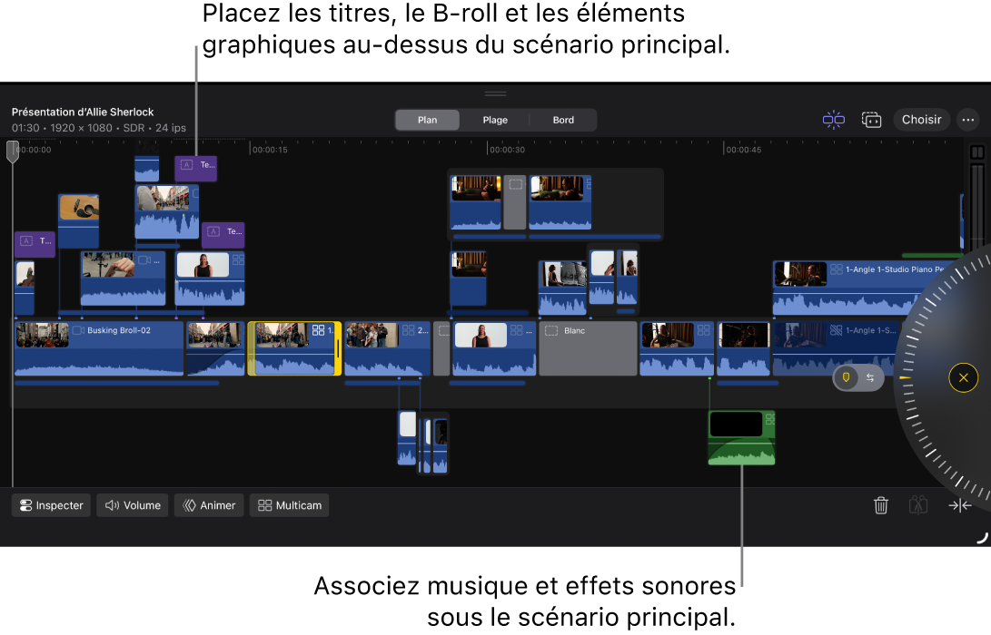 Timeline affichant le scénario principal, ainsi que les plans vidéo et audio connectés.