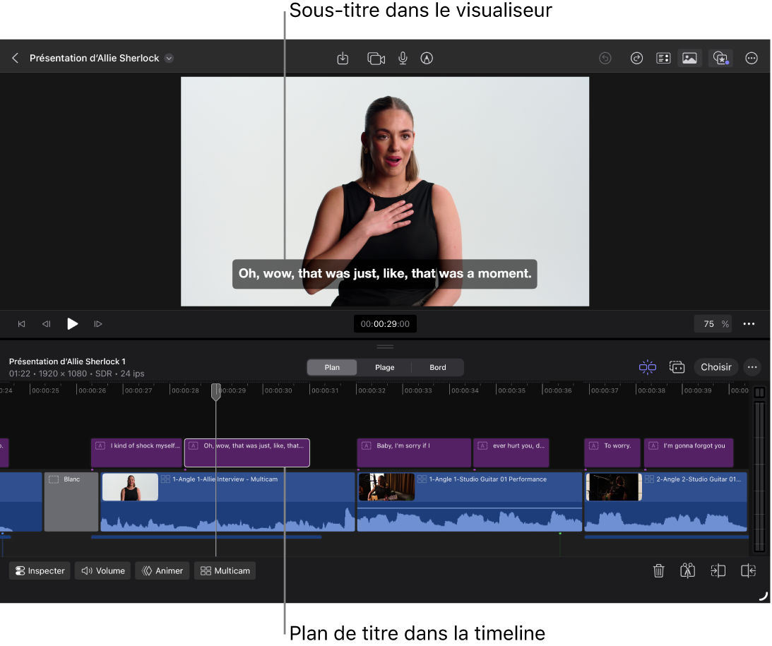Plan de titre sélectionné connecté à un plan vidéo dans la timeline et sous-titre correspondant s’affichant en bas de l’image.