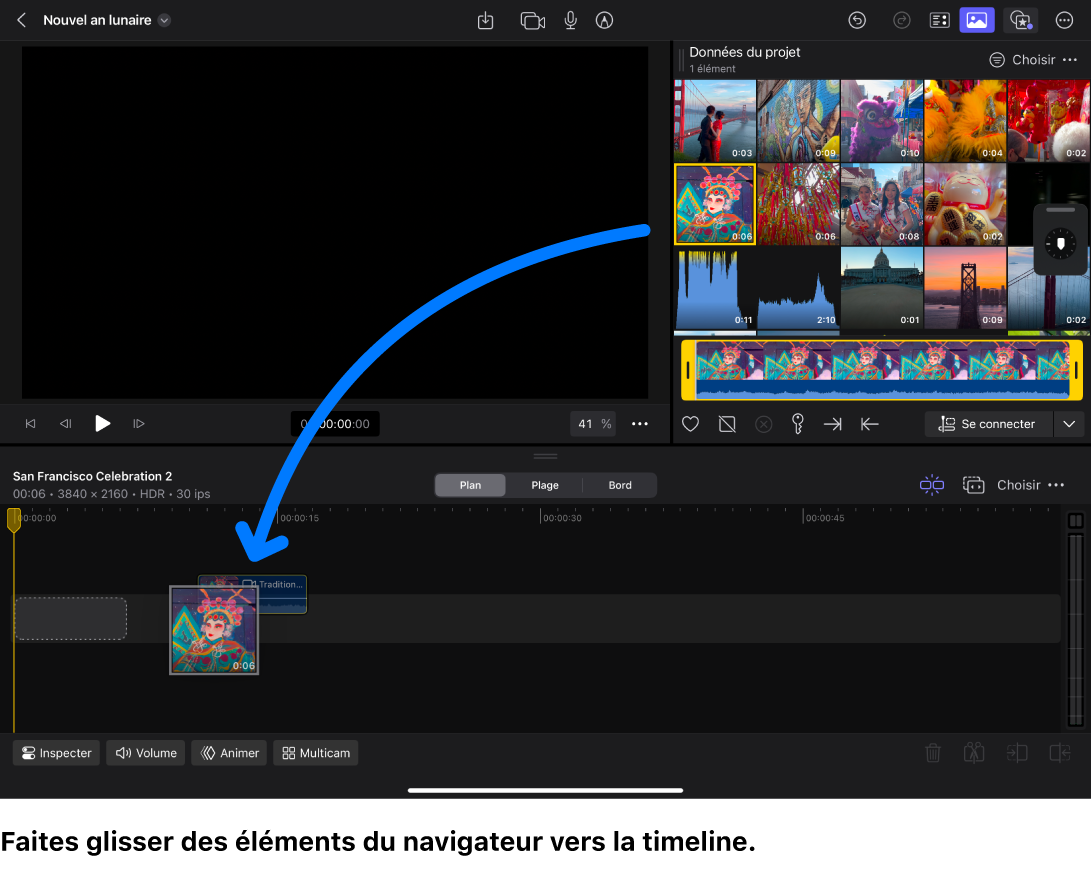 Espace de travail principal dans Final Cut Pro pour iPad, avec une vignette de plan en cours de glissement depuis le navigateur vers la timeline.