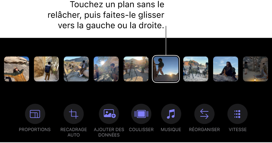 Plan sélectionné dans la rangée de vignettes en bas de l’écran Créateur de montages.