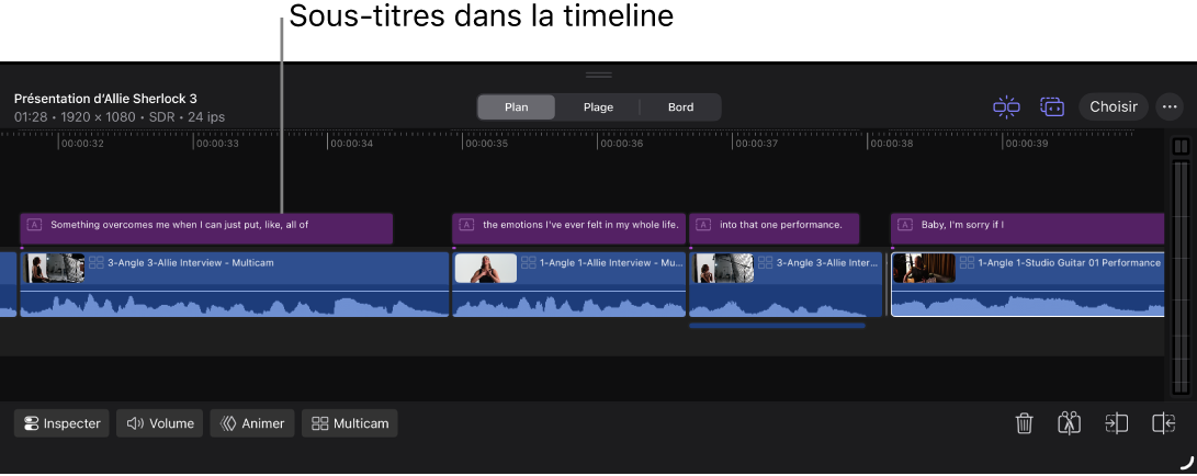 Timeline affichant des sous-titres générés connectés en tant que plans de titre au-dessus des plans vidéo à partir desquels ils ont été transcrits.