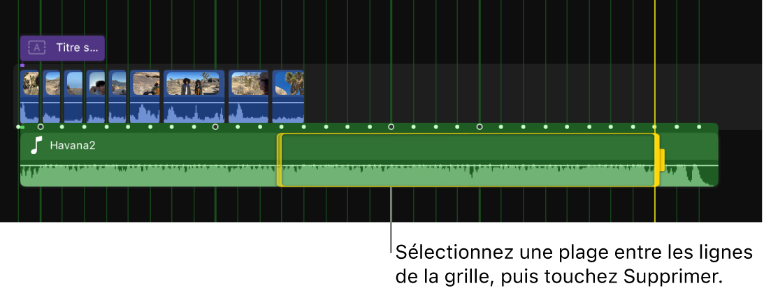 Timeline affichant un plan musical avec une plage sélectionnée entre des lignes de la grille des temps.