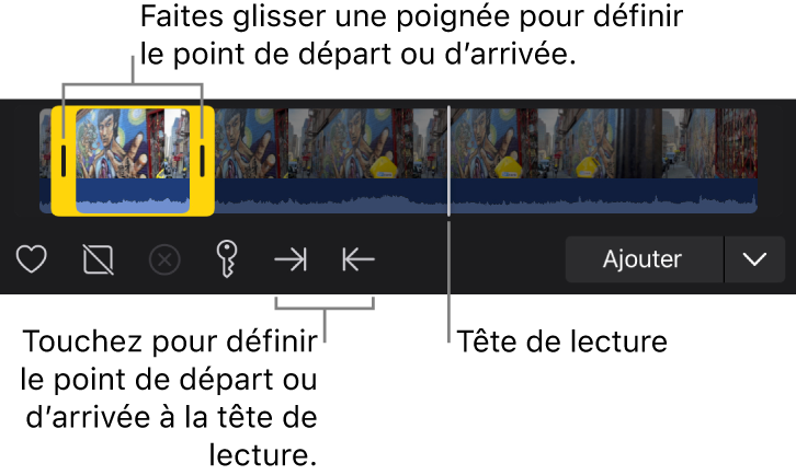 Pellicule du navigateur multimédia avec une plage sélectionnée, des poignées de point de départ et d’arrivée jaunes, des boutons pour définir les points de départ et d’arrivée et la tête de lecture (trait vertical blanc).