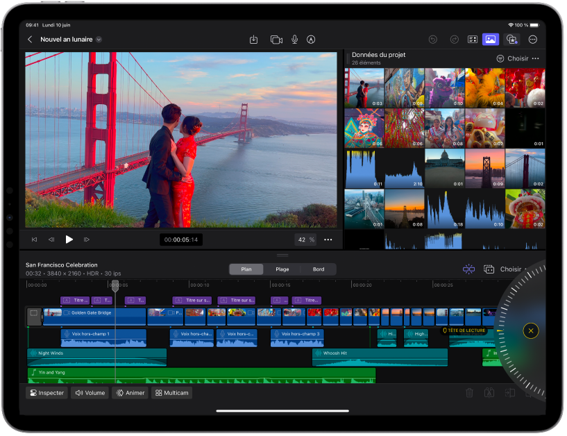 Écran Édition de Final Cut Pro affichant le visualiseur, le navigateur et la timeline.