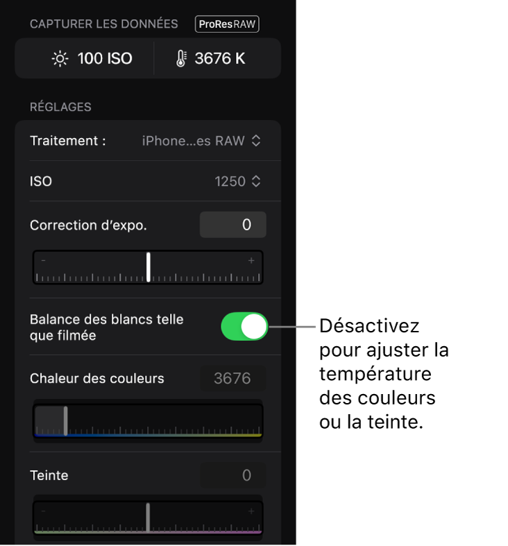 L’inspecteur affichant les réglages de la caméra pour les vidéos ProRes RAW enregistrées sur l’iPhone, à savoir ISO, « Correction d’exposition », « Balance des blancs telle que filmée », « Température des couleurs » et Teinte.