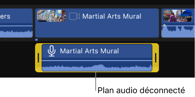 Plan dans la timeline avec la partie audio détachée mais toujours connectée à la partie vidéo.
