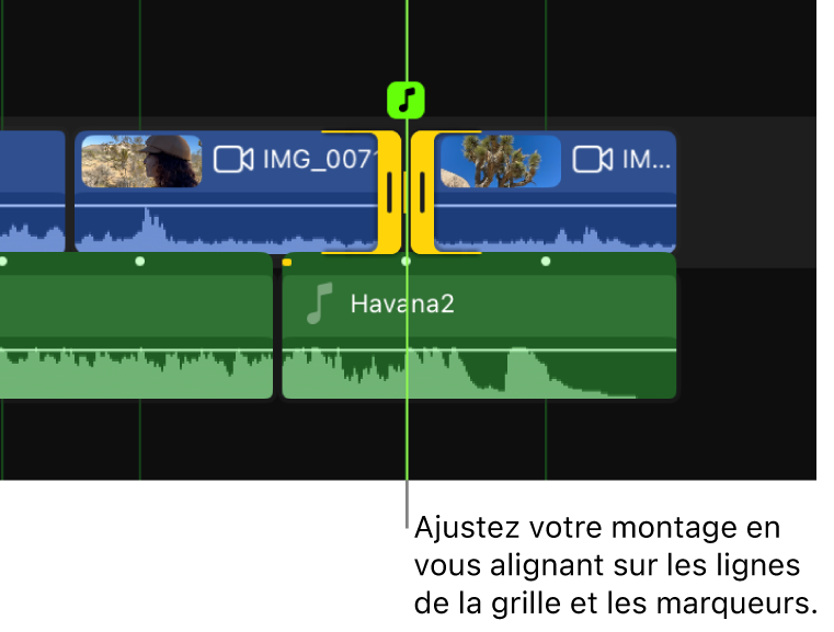 Timeline affichant un montage Roll en cours d’exécution sur les deux derniers plans.