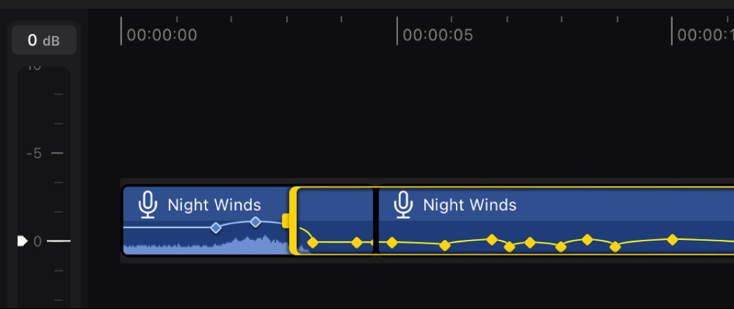 I clip audio nella timeline con fotogrammi chiave e forme d’onda regolati più in basso.