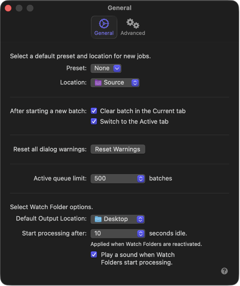 The General settings window in Compressor.