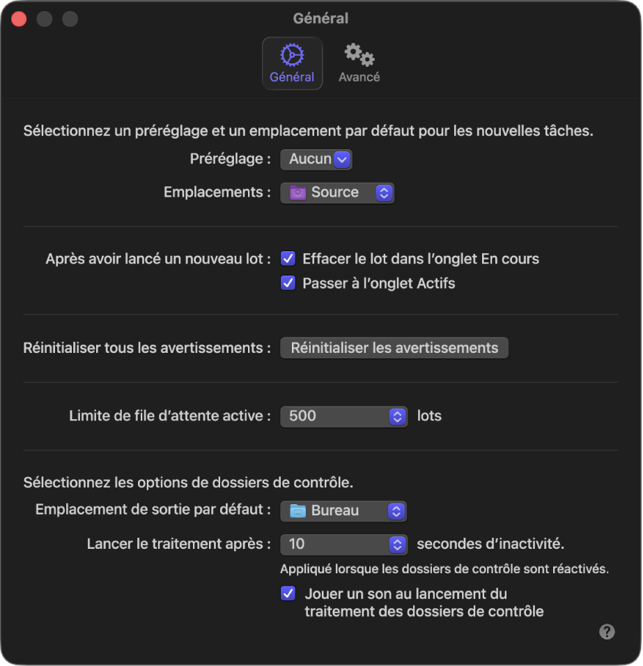 Fenêtre des réglages généraux dans Compressor.