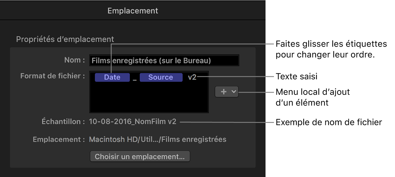 Inspecteur d’emplacement dans Compressor affichant comment personnaliser le format de nom de fichier.