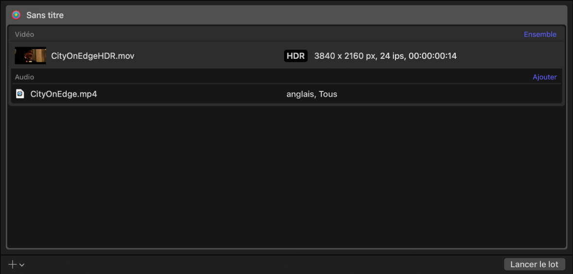 Zone du lot de Compressor affichant une rangée de sortie pour de la vidéo HDR et un paquet IMF.