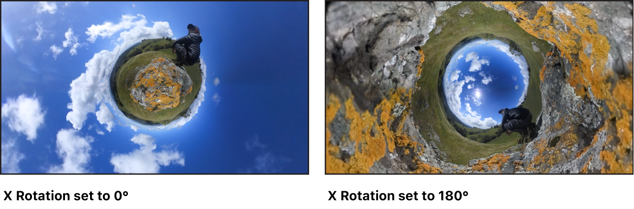 Canvas mit einem Vergleich des Effekts bei den Einstellungen „0“ und „175“ für den Rotationsparameter „X“