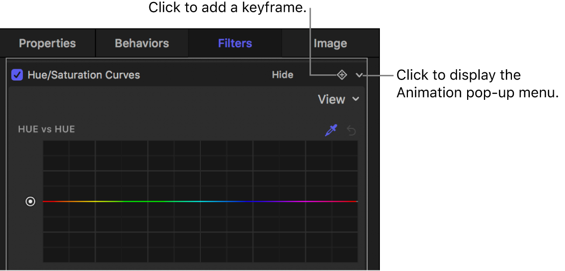 Informationsfenster „Filter“ mit der Taste „Keyframe hinzufügen“ und der Taste zum Öffnen des Animationsmenüs