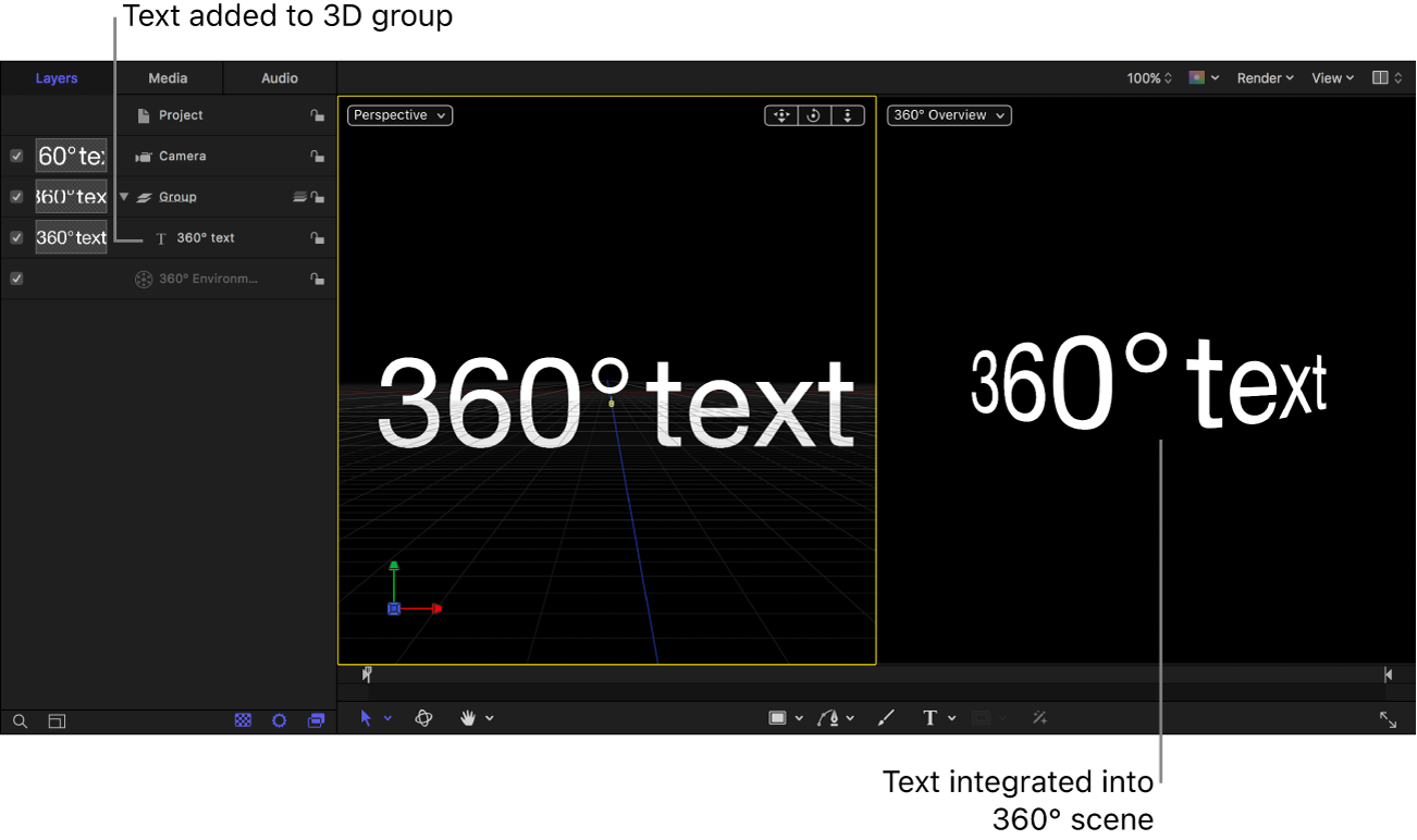 Zu einem Gruppenobjekt hinzugefügter Text in einem 360°-Projekt