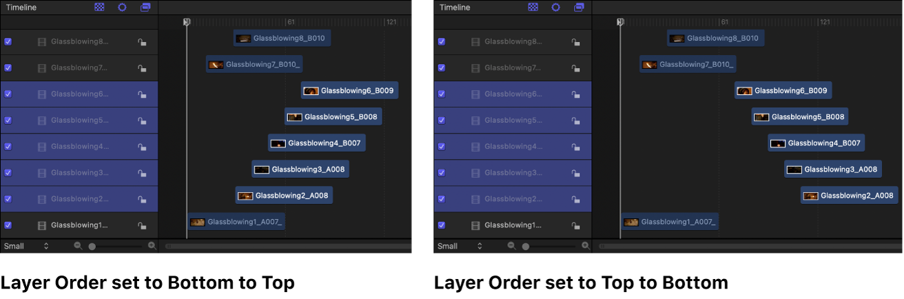 Timeline-Bilder mit verschobenen ausgewählten Ebenen. Im linken Bild ist „Reihenfolge der Ebenen“ auf „Von unten nach oben“ eingestellt (Ebenen werden vom untersten Objekt im Ebenenstapel verschoben); im rechten Bild ist „Reihenfolge der Ebenen“ auf „Von oben nach unten“ eingestellt (Ebenen werden vom obersten Objekt im Ebenenstapel verschoben).