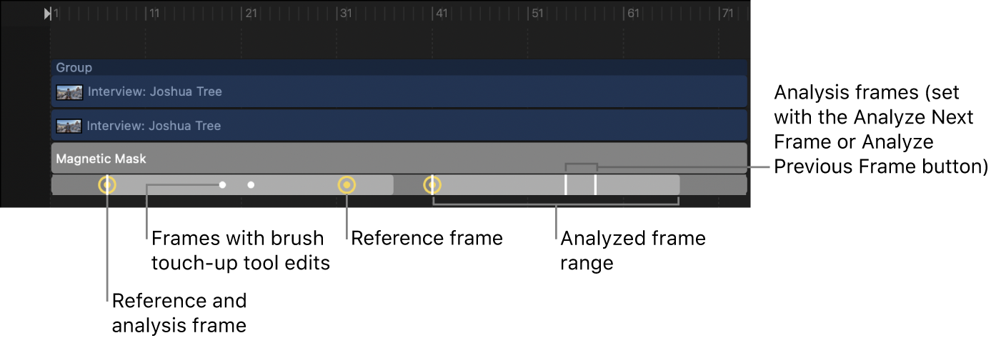 A Magnetic Mask in the Timeline, showing the analysis range. Reference frames are indicated by yellow dots and brush tool edits indicated by white dots.