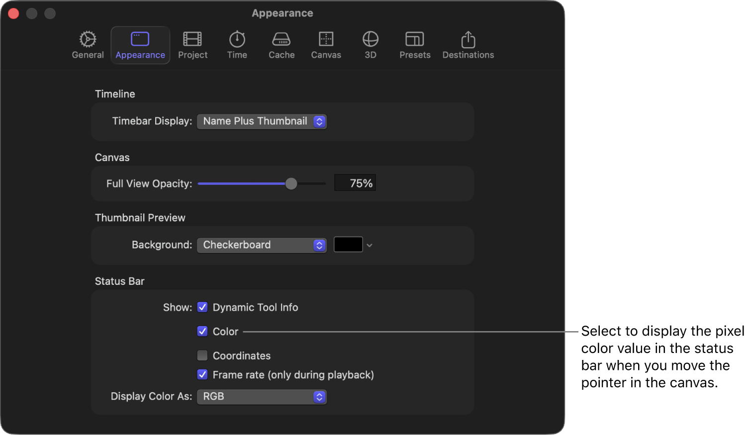 Motion Settings window showing Appearance pane with Color selected in Status Bar area.