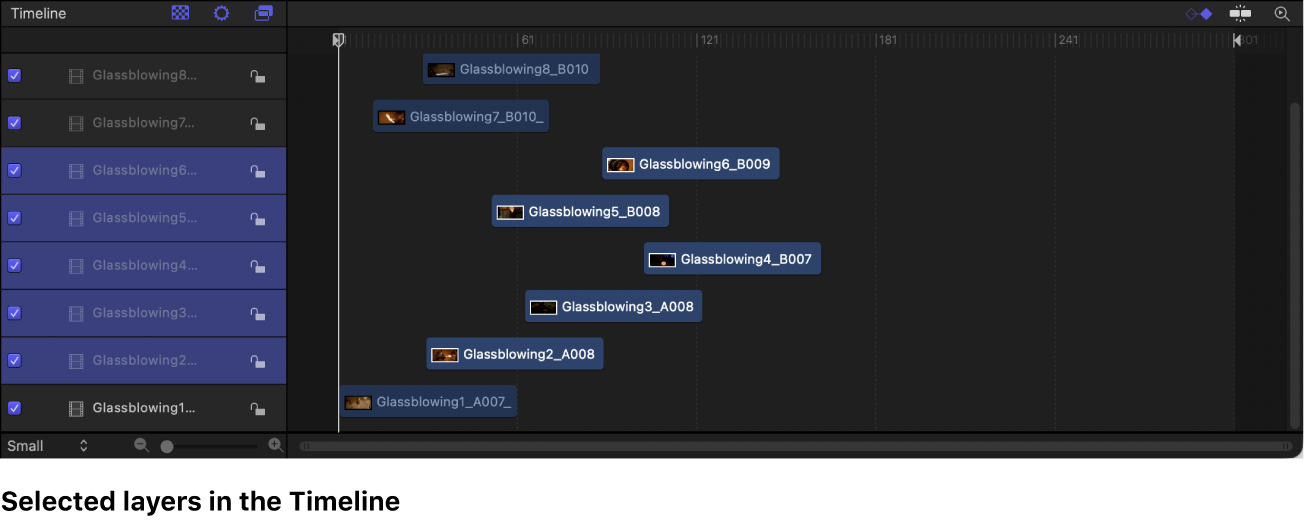 Timeline showing five selected layers