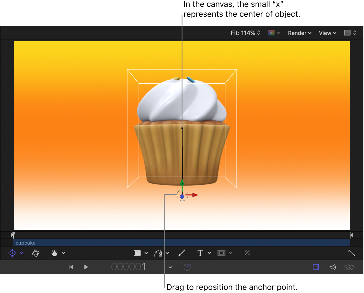 Canvas showing offset anchor point of 3D object, center point of the object, and Anchor Point onscreen controls