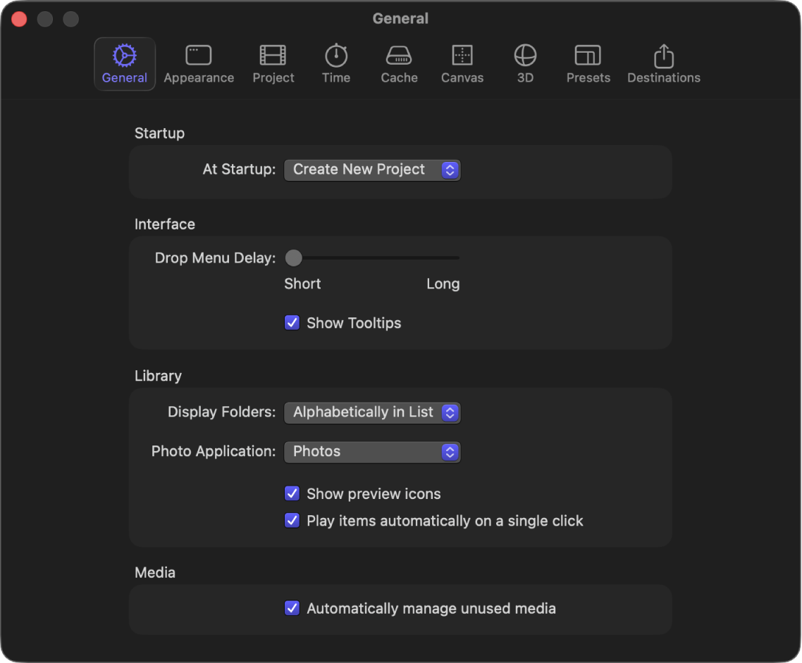 Motion Settings window showing General pane
