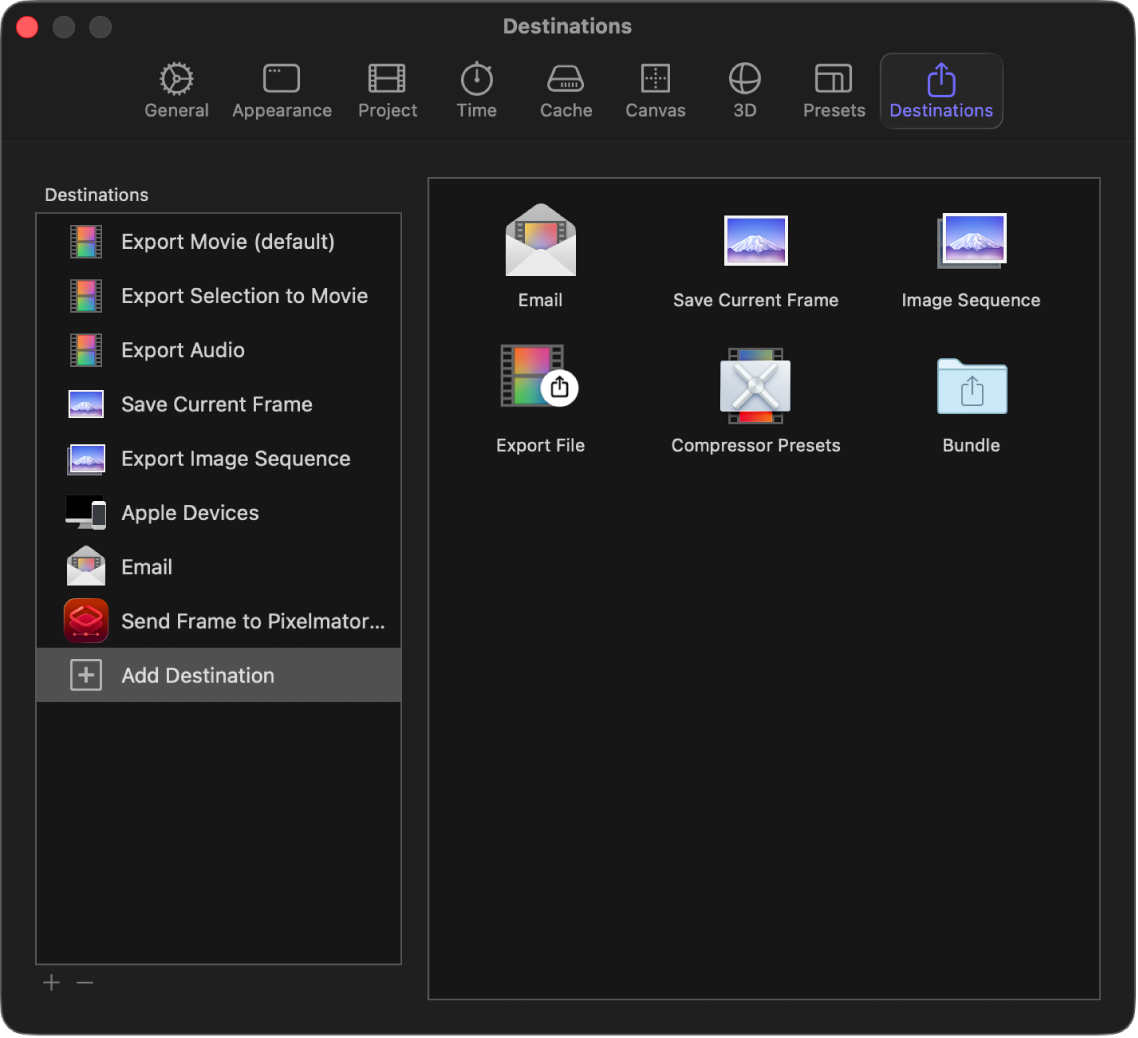 Motion Settings window showing Destinations pane