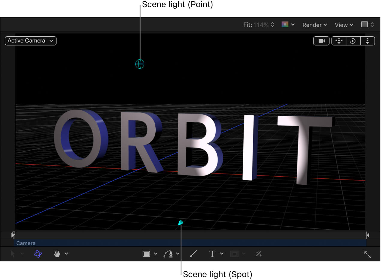 Canvas showing 3D text object with a scene light