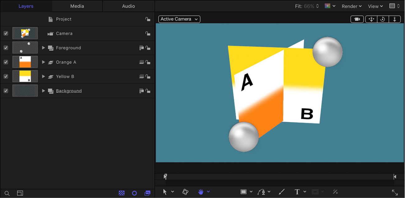 Lista Capas y lienzo con una disposición de capas que contiene grupos tanto 2D como 3D