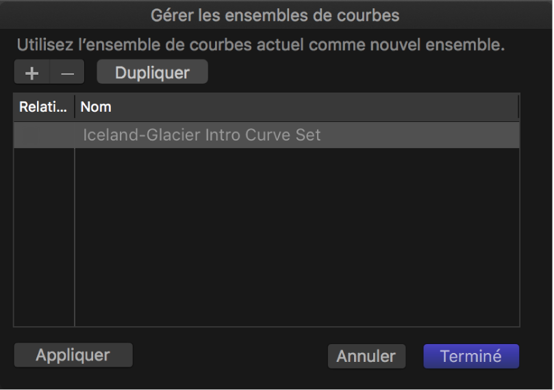 Zone de dialogue « Gérer les ensembles de courbes »