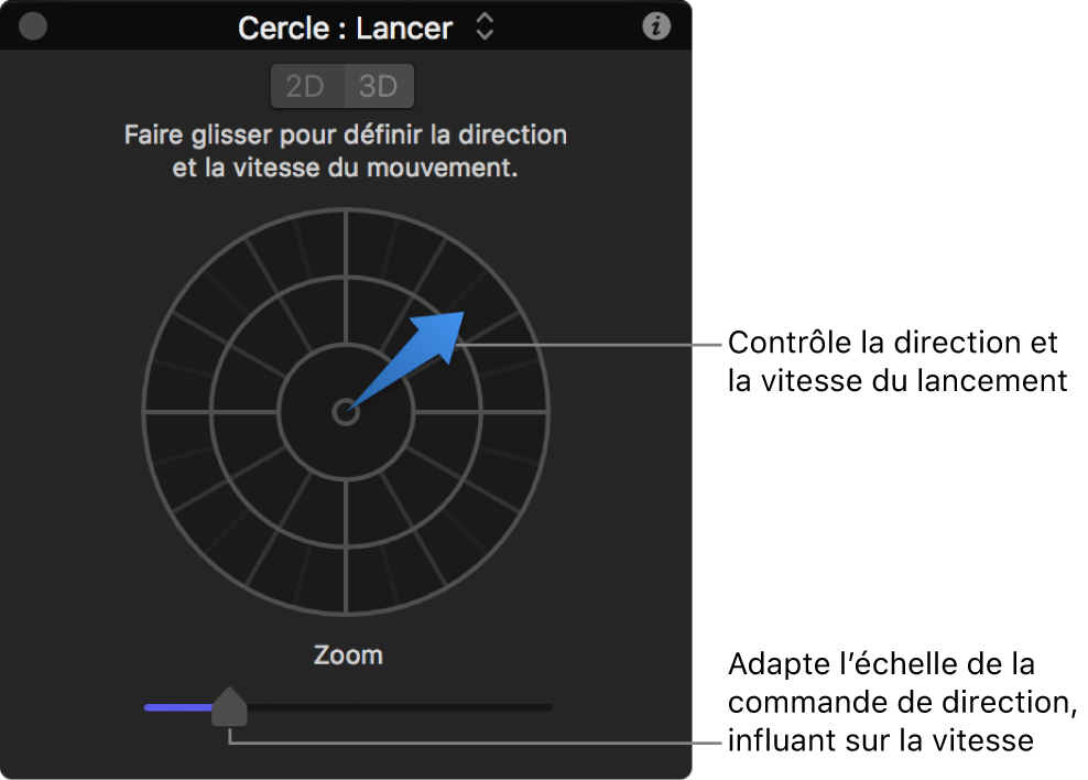 Palette affichant les commandes du comportement Lancer en mode 2D
