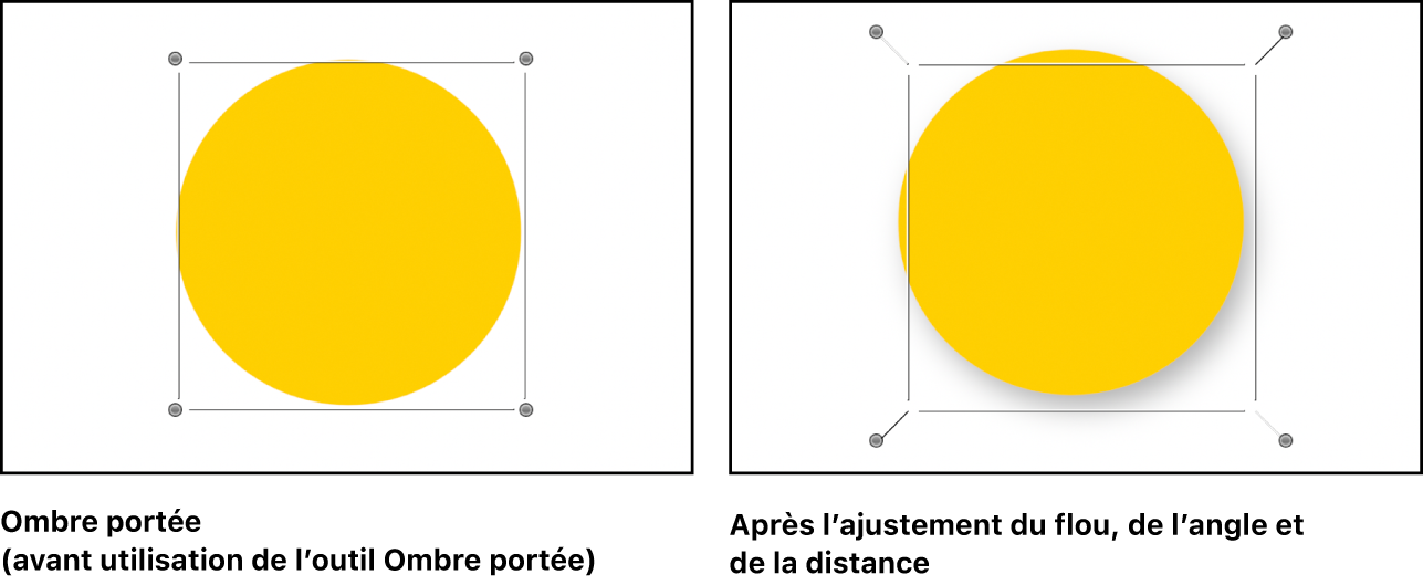 Canevas affichant un objet avant le réglage de son ombre portée, et le même objet pendant la manipulation de celle-ci