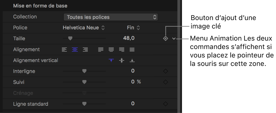 Icône du menu Animation dans l’inspecteur, pour le paramètre Taille du texte