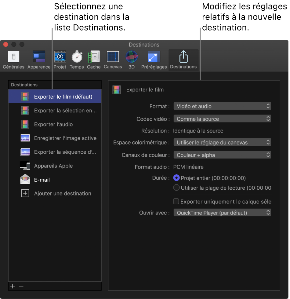 Fenêtre Réglages de Motion affichant l’option « Exporter le film » sélectionnée dans la fenêtre Destinations