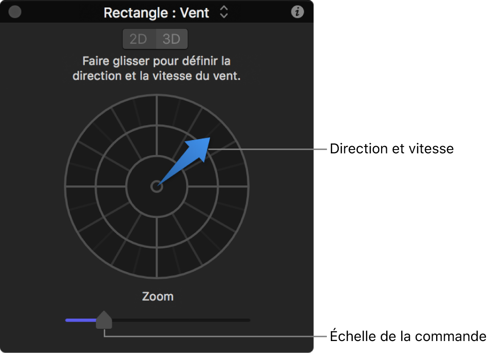 Palette avec commandes spéciales pour le comportement Vent en mode 2D