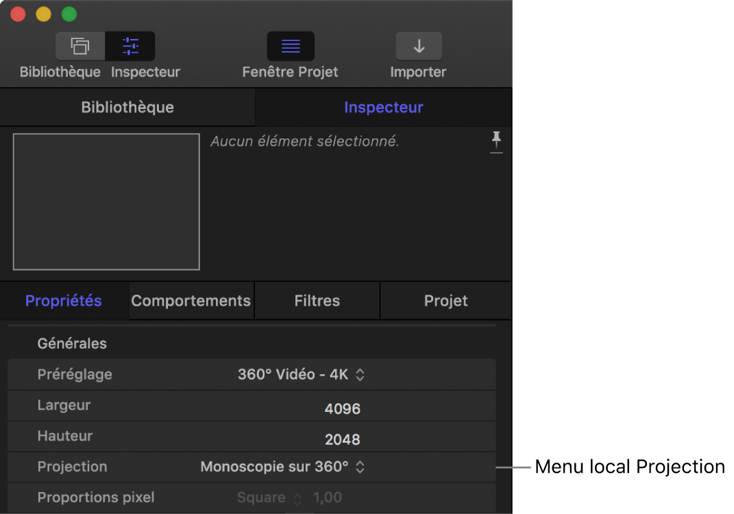 Menu local Projection dans l’inspecteur des propriétés du projet