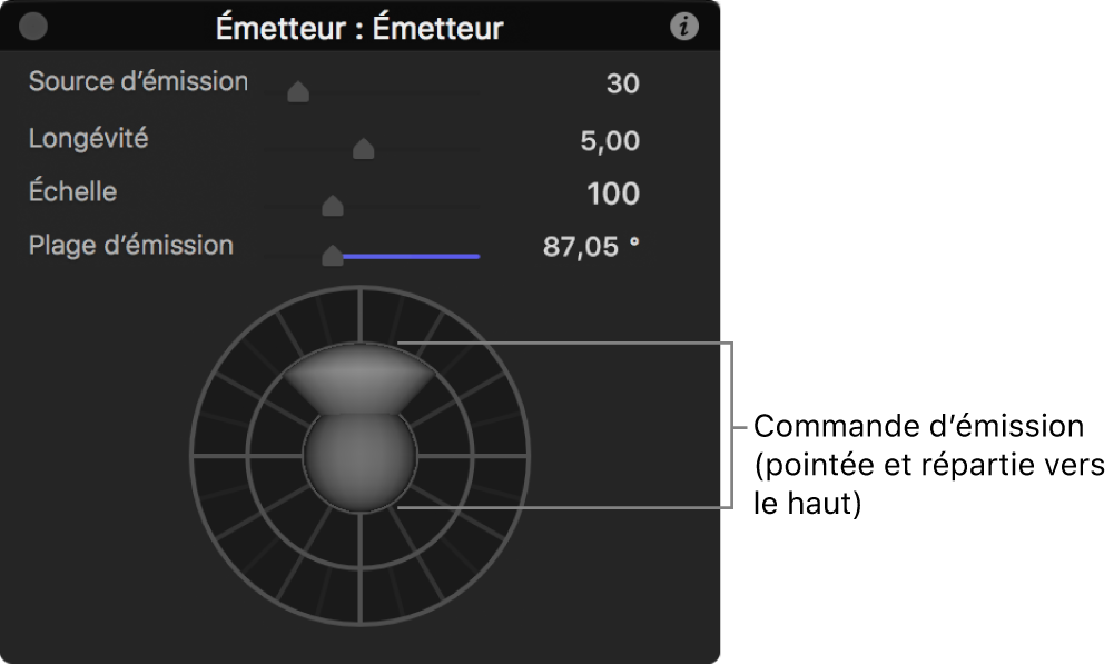 Palette affichant les commandes d’émetteur 3D