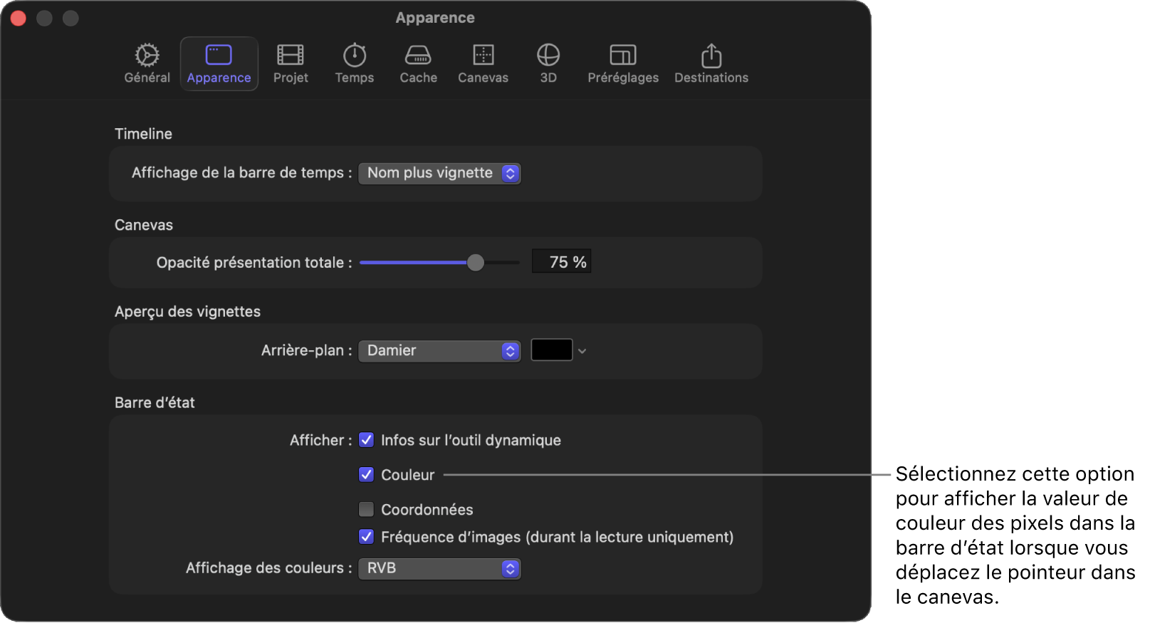 Fenêtre Réglages de Motion affichant la sous-fenêtre Apparence avec l’option Couleur sélectionnée dans la zone de la barre d’état.