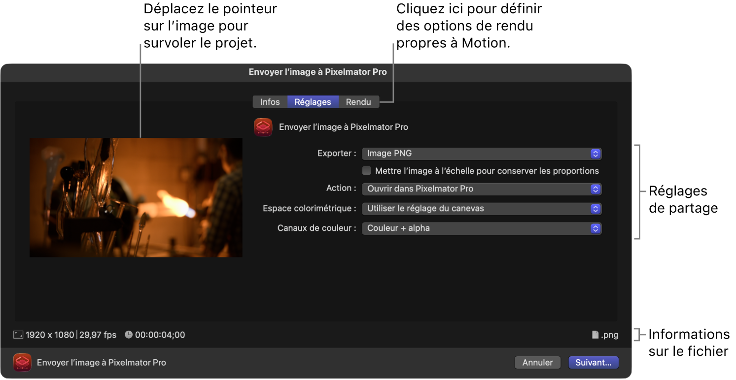 Sous-fenêtre Réglages de la fenêtre « Envoyer l’image à Pixelmator Pro »