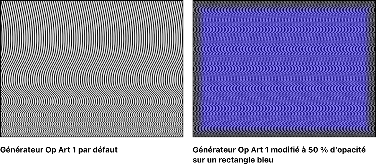 Canevas affichant le générateur Op Art 1, seul et combiné avec un rectangle bleu