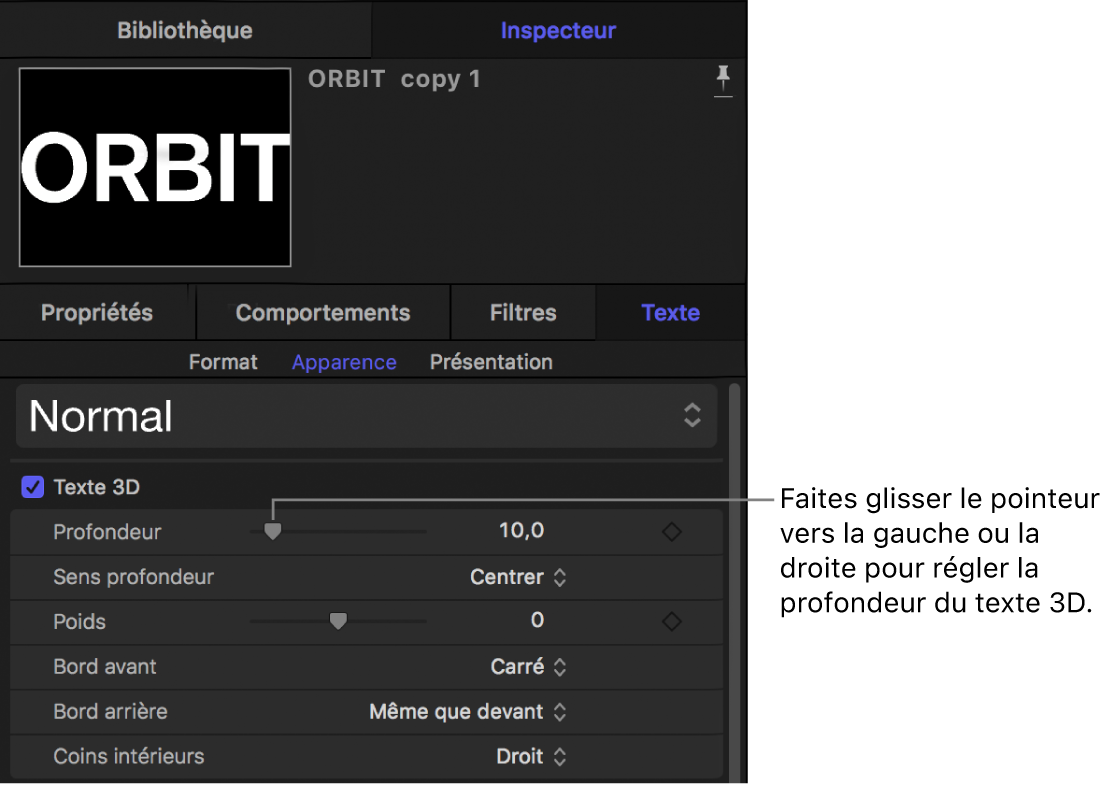 Paramètre Profondeur du texte 3D dans la fenêtre Apparence de l’inspecteur de texte