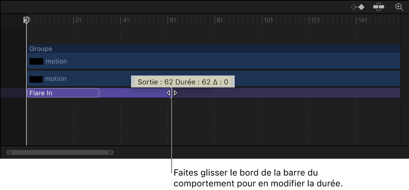 Timeline affichant un comportement en cours de glissement afin de modifier sa durée