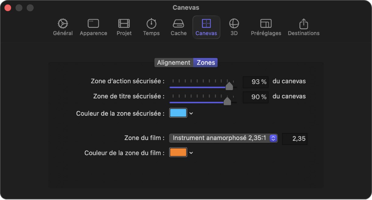 Fenêtre Réglages de Motion affichant la fenêtre Zone du canevas